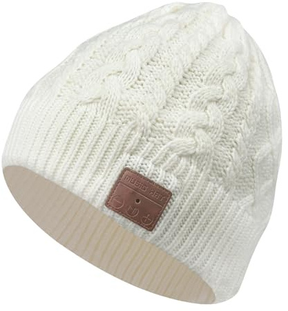 puersit Cappello Bluetooth V5.2 Uomo Donna Invernali, Lavorato a Maglia Senza Fili Bluetooth Cuffia Musica Cappello per Corsa Sci Escursionismo(Spessore Aggiunto - Torcere Bianco)