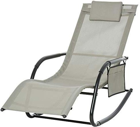 Outsunny Poltrona a Dondolo da Giardino, 150x62x88 cm, Nero e Grigio | Lettino Sdraio da Esterno, Poltrona Dondolo per Esterno, Poggiatesta, Tasca Laterale