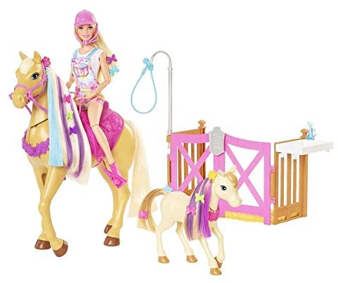 Barbie Famille Coffret Toilettage des Chevaux avec poupée Blonde, 2 Figurines Chevaux et Plus de 20 Accessoires, Jouet pour Enfant, GXV77