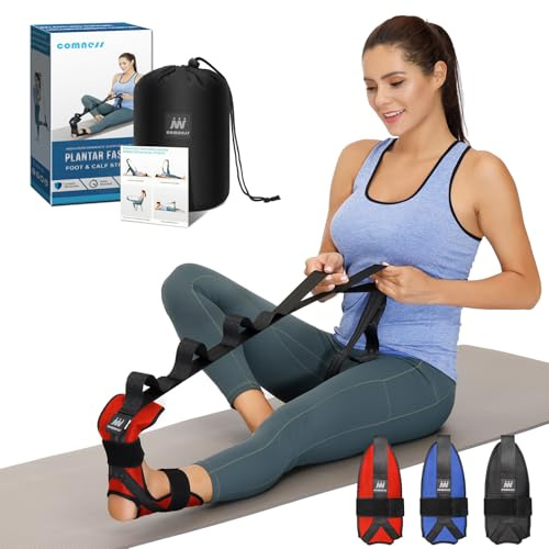 Comness - Correa de estiramiento de pie y pantorrilla para fascitis plantar, espina calcánea, caída del pie, tendinitis de Aquiles e isquiotibiales, color rojo