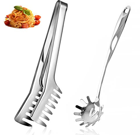 ProsXinty Set di Spaghetti Server, Pinza per Spaghetti in acciaio inossidabile Cucchiaio di Pasta Server Forchetta Per Cuocere Pasta, Spaghetti, Insalate, Carni alla Griglia(34.3cm) (YDLMJ-074)