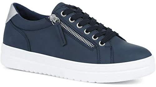 Pavers Ladies Supportive Lace-Up Fashion Trainers in Navy with Chunky Platform Sole and Faux Leather - Side Zip Casual Flat Shoes - Size UK 6 / EU 39