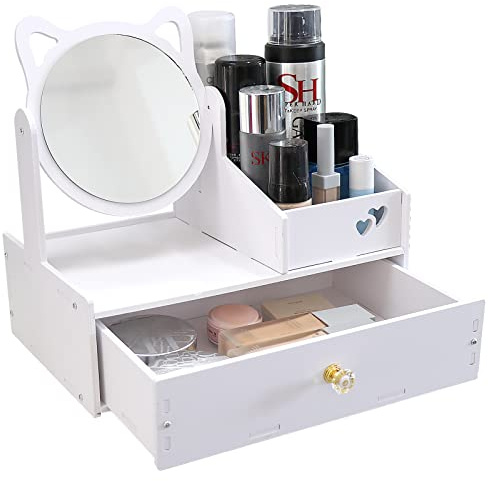 LEcylankEr Organizer Trucchi, Porta Trucchi Organizer da Bagno, Porta Trucchi Organizer da Bagno con Specchio e Cassetti Bianco, per Camera da Letto/Bagno (Specchio rotondo)