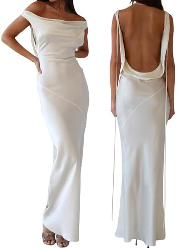MAHUAOYIXI Robe Maxi Longue Femme Élégante Sans Dos, Cocktail Sans Manches Cintrée Taille Haute, Robe de Soirée Sexy, Blanc, S