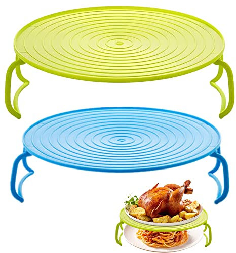 2 Pcs Microwave Folding Tray 2 in 1 Plate Dish Stand with Handle Steaming Shelf Foldable Baking Rack Anti-Slip Heating Layered Cook Organiser for Hot Food Plates Dishes Bowl (Blue&Green)