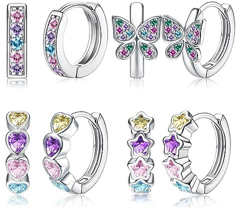JeweBella 4 Paar Kleine Creolen Silber Set für Damen Mädchen Ohrringe Silber Herz Stern Schmetterling Zirkonia Hypoallergen Creolen Kinder Rosa Lila Blau Kinder Ohrringe Mädchen