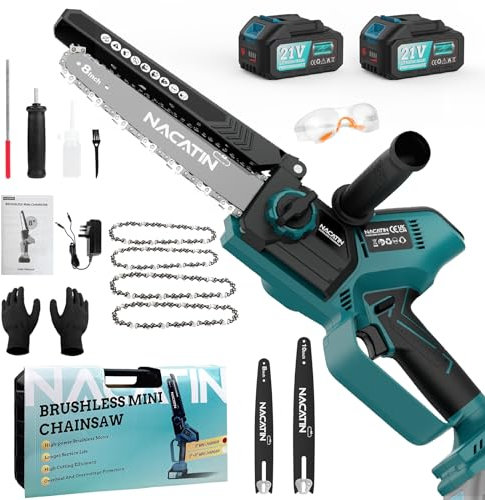 NACATIN Mini Chainsaw 8 Inch & 10 Inch, with Brushless Motor, 2x3.0AH Rechargeable Batteries with Dual Charger, Automatic Oiler, 3 Chains, Portable for Tree Pruning, Wood Cutting, and Trimming