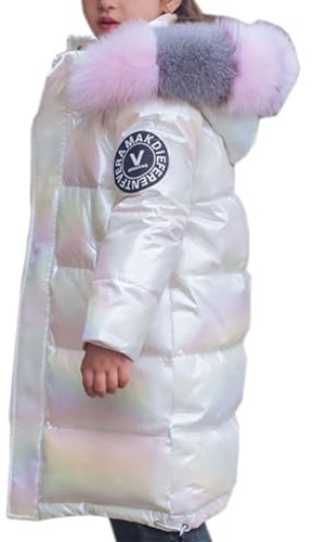 Kids Girl Down Coat Toddler Hooded Jacket Puffer Outerwear Shiny Warm Snowsuit Children Teenage Parka Coats with Faux Fur Collar White 11-12 Years