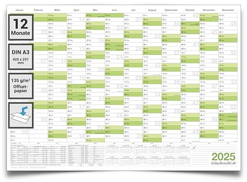 Wandkalender Jahresplaner 2025 DIN A3 (420 x 297mm) praktischer, übersichtlicher Kalender im Querformat, gefaltet, deutschsprachig. Ideal für Büro und Homeoffice von Kalenderoutlet