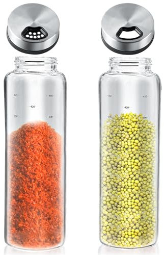 2 Pièces Bocaux à Épices,Lot de 2 pots à épices de 500 ml couvercle rotatif, en verre borosilicate, salière à épices 3 types de trous d'épices en acier inoxydable, convient cuisine, salle à manger