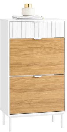 SoBuy Meuble Chaussure, Rangement Chaussure, Meuble d'Entrée, Meuble de Rangement à Chaussures Armoire, Commode à Chaussures avec 2 Abattants et 1 Tiroir, L60xP35xH110 cm, Blanc-Naturel, FSR174-WN