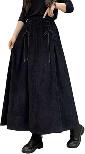 Intenst Womens Fall Winter Corduroy Maxi Skirt Elastic High Waist Drawstring Tie Front A-Line Pleated Long Skirt with Pockets (XL,Black)