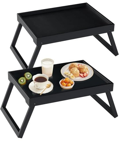 Plateau de lit en Bambou avec ieds Pliants, Plateau de Petit Déjeuner au lit, Plateau de Service pour la Cuisine, Plateau de Service, Plateau de Nourriture, Canapé, Snack (Noir)