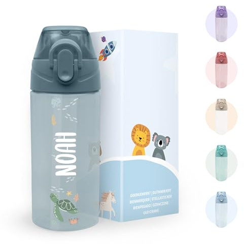 gutmarkiert - Kindertrinkflasche Personalisiert mit Strohhalm. Trinkflasche mit Namen und Motiv personalisierbar. Spülmaschinenfest. Auslaufsicherer Deckel. 450ml (Petrol)