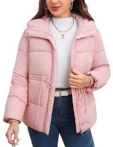 Maeau Women Puffer Jacket Winter Quilted Cropped Coat Short M-3XL | Down Jacket Hooded Padded Warm Oversized Zip Up Outwear Waisted Drawstring