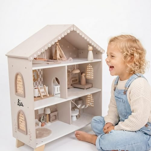 Mainely Personnalisable Maison de poupée en Bois Nougat – inspirée Montessori & Jeu de rôle – pour Enfants dès 3 Ans – personnalisée avec prénom – Label Label