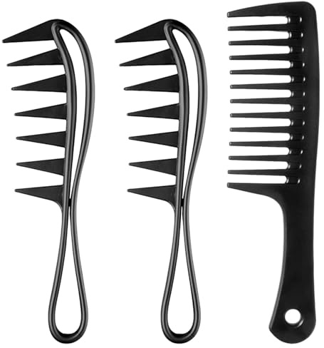 3 Pcs Hair Comb, Wide Tooth Comb, Shark Tooth, Coarse & Curls Combs for Curly, Wavy, Thick Hair, Wig (Black)