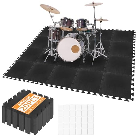 AiVeUao 20Pcs Sound Absorbing Interlocking Floor Mats, 11 x 11 x 0.3 Inch High Density Piano Carpet Drum Rug, Non-Slip Anti Vibration Soundproof Pads, Black