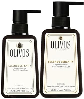 OLIVOS Ensemble au Lait de Chèvre - Savon Liquide Bio à l'Huile d'Olive 500 ml + Gel Douche à l'Huile d'Olive Bio 750 ml - Doux pour la Peau - Hydratant et Nourrissant