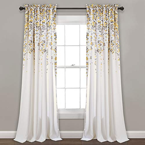 Lush Decor Weeping Flower Light Filtering Window Curtain Panels, Pair, 52 W x 84 L + 2 Header, Yellow & Gray - Charming Modern Floral Curtains for Living Room, Dining Room, & Bedroom