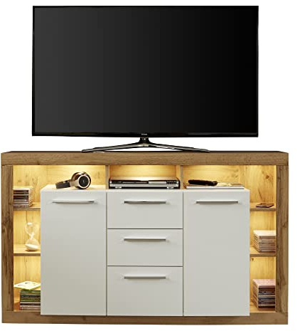 trendteam smart living - Sideboard Schrank Wohnzimmerschrank klein - Wohnen - Rock - Aufbaumaß (BxHxT) 150 x 90 x 40 cm - Farbe Wotan Eiche mit Weiß Hochglanz - 182687049