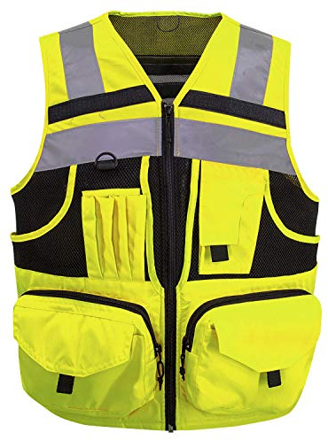 ZUJA 3M Reflective stripes Safety Vest Hi-vis Yellow knitted Vest with 10 pockets Bright Construction Workwear for men and women. (Large)