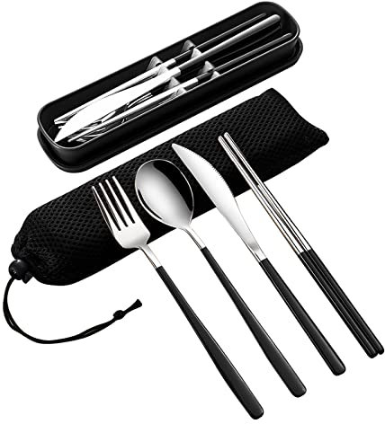 VANRA Juego de cubiertos de acero inoxidable para adultos de 4 piezas con estuche Juego de utensilios reutilizables con tenedor, cuchara, cuchillo, palillos para el almuerzo(negro plata)