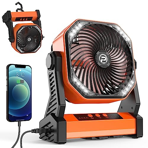 KITWLEMEN 20000mAh Battery Powered Camping Fan - 58H Max Cooling, Rechargeable Battery Operated Desk Fan with 4 Speeds, Bright Light & Hanging Hook, Portable for Tent Outdoor Hurricane Power Outage