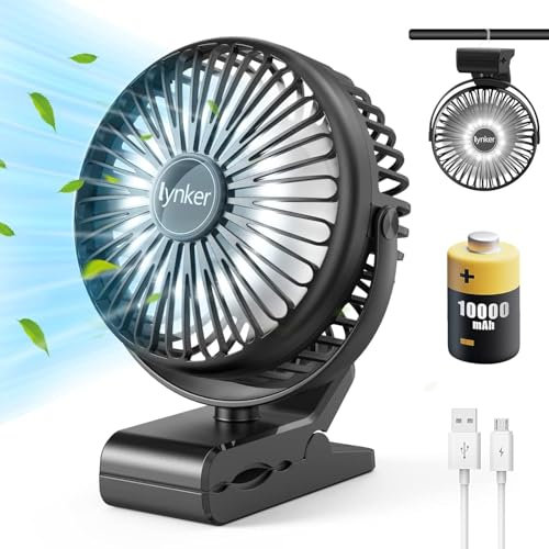 lynker Mini Ventilateur Portable de Bureau Pince USB, avec Rechargeable Batterie 10000mAh, Sur Silencieux avec Lumière LED, 3 Vitessesc, 360° Rotation pour Poussette, Voiture, Voyage, Bureau