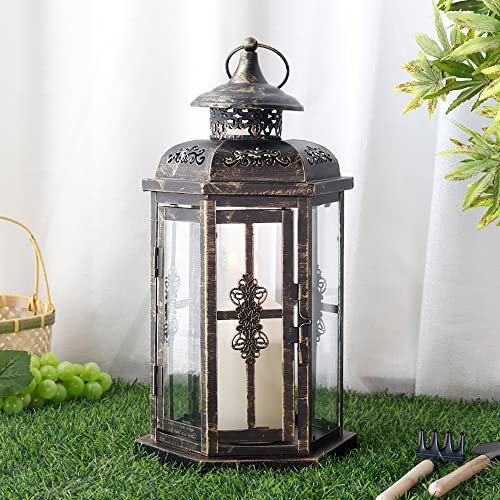 JHY DESIGN Candle Lantern 30cm High Outdoor Lantern Vintage Metal Candle Holder Garden Lantern for Indoor Outdoor, Events, Parities and Weddings(Black with Gold Brush)