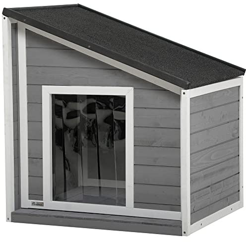 PawHut Hundehütte aus Holz, Hundehaus mit zu öffnendem Asphaltdach und Türvorhang, Outdoor Hundehaus, Kleintierhaus für kleine Hunde, draußen, Wetterbeständig, Grau, 71 x 58 x 53/77 cm