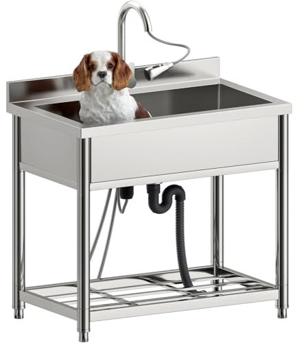 Vockol Große Freistehende Edelstahl Spültisch Gastro 1 Becken, 90 cm Gewerbliche Küchenspüle, Industrielle Spüle mit Wasserhahn für Küche, Restaurant, Cafe, Geschäft, Außen, 57T x 90B x 94H cm