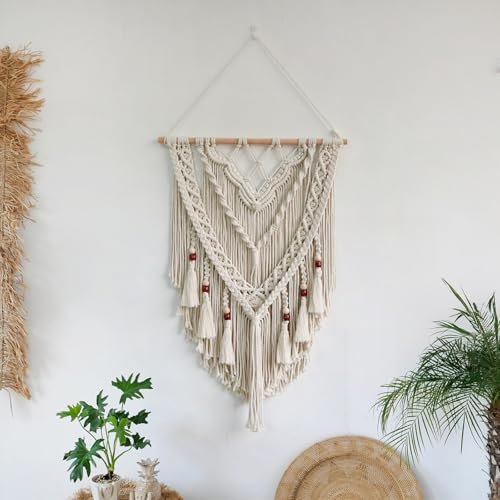 ANAZOZ Tapiz bohemio de macramé, decoración de pared, macramé, algodón, tejido con borlas, tapiz bohemio para dormitorio, salón, habitación infantil, 70 x 55 cm, beige