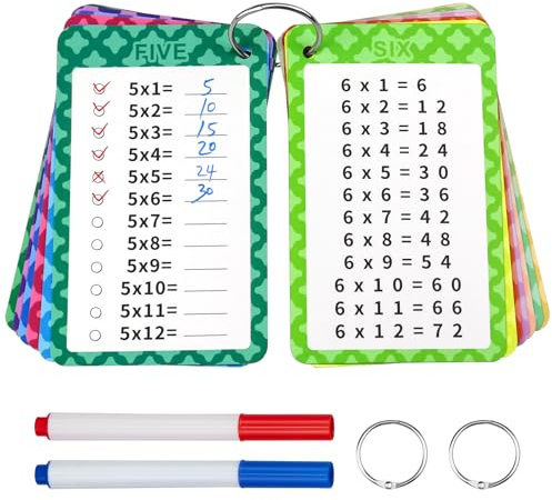 Hanqing 13 Pcs Times Tables Multiplication Flash Cards, Times Tables Poster, 0-12 Times Table Math Flash Cards with 2 Dry Erase Markers and 2 Rings, Multiplicar Math Game for 1st to 3rd Grade