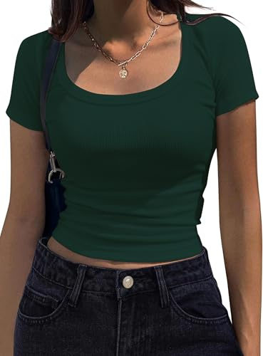 Women Basic Short Sleeve Crop Tops Slim Fitted Crew Neck Ribbed Knit T Shirt Summer Blouse Top Dark Green