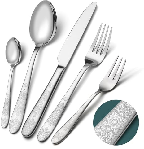 EIUBUIE Besteck Set 6 Personen, 30-teiliges Edelstahl Besteckset mit einzigartigem Musterdesign, Tafelbesteck mit Messer Gabel Löffel, Essbesteck für Haus/Küche, Hochglanzpoliert, Spülmaschinenfest