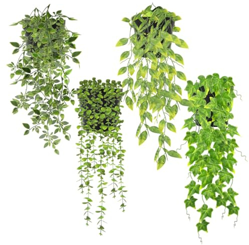 Zequech 4 Plantas Colgantes Verdes simuladas en Maceta, Vaina de Guisante de Mandala, Hiedra Corta de eucalipto, terraza Interior y Exterior, Oficina, decoración de Boda al Aire Libre, Paisaje