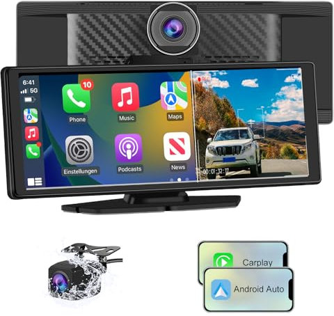 Hexinex Écran Carplay Voiture & Android Auto,Stéréo Carplay avec Dashcam Avant 4K, Caméra Arrière 1080P Inclus, 10,26 Pouces Écran Tactile Commande Vocale, BT/GPS/FM/AUX/Carte TF 64G