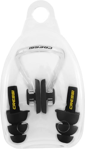Cressi Aqua Kit Ear Plugs and Nose Clip, Set of Ear Plugs and Nose Clip for Adults, Optimal for Preventing Water from Entering the Ears while Swimming, Black, One Size, Adult