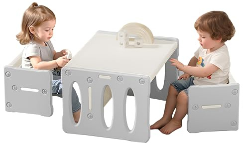 Hominewti Set Tavolo e Sedia Montessori per lo Svezzamento, Tavolo Multifunzionale in Plastica per Attività e Apprendimento con Sgabelli, Tavolo e Sedie per Bambini in età Prescolare, Grigio