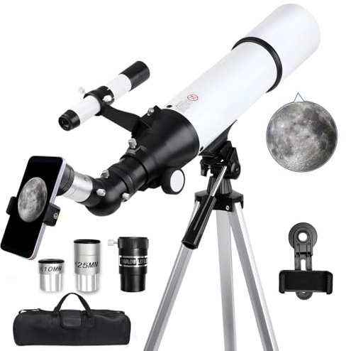 Telescopios para principiantes, apertura de 80 mm, 600 mm, telescopio refractor de astronomía para adultos y niños, con trípode y bolsa de transporte, portátil para viajes