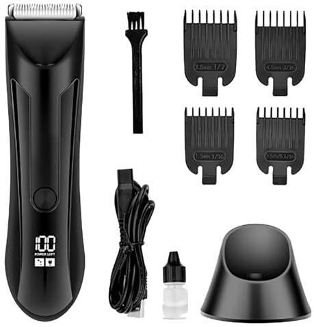 Recortadora íntima, cortapelos íntimos para hombre 4 en 1 impermeable, afeitadora impermeable y húmeda con base de carga LED integrada, pantalla LED, para axilas, Ainas, piernas