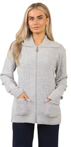 Women’s Zip Up Cable Knit Cardigan – Chunky Knit Jumper with Pockets | Soft Warm Ladies Winter Zip Through Sweater | Long Sleeve Collared Knitwear Jacket for Autumn & Casual Wear Grey L/XL