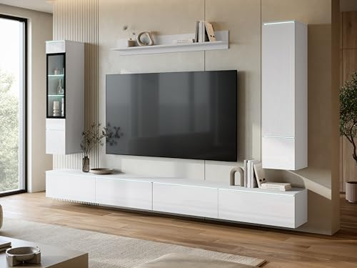 Muebles Slavic Conjunto Muebles de Salon Modernos Vera XXL - Juego de Mueble TV Salon, Dos Armarios Colgantes y un Estante Colgante - Comedor Completo con LED