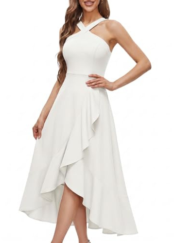 Fynadressr Women's Halter Neck Midi Dress Elegant Sleeveless High Low Ruffle Formal Cocktail Party Wedding Guest Dresses