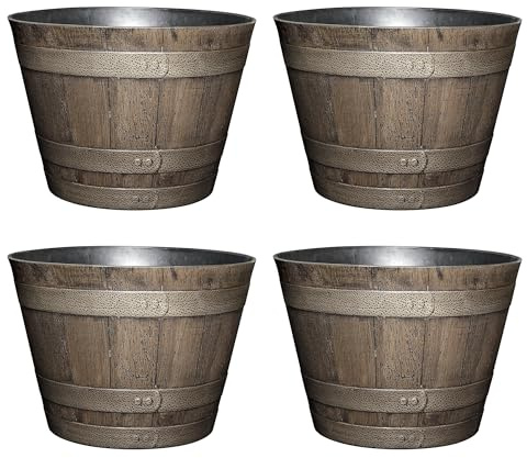 Classic Home and Garden Whiskey Plastic Resin Flower Pot Barrel Planter, Oak Brown, 20.5 (4 Pack)