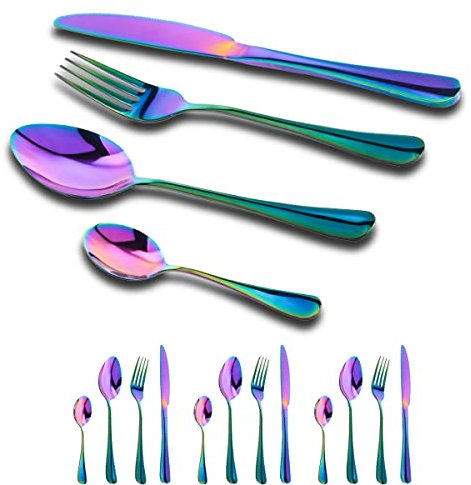 GOODFEER Cutlery Set,16-Piece Stainless Steel Flatware for 4 People Dinner Spoon Knife and Fork Sets, Rainbow Tableware