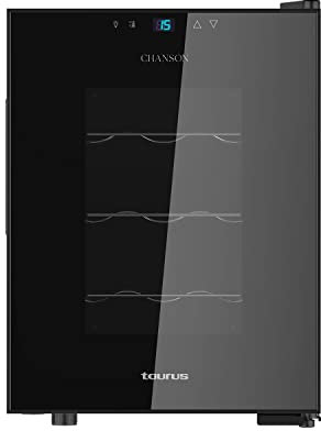 Taurus WC12T - Cave à vin thermoélectrique pour 12 bouteilles, silencieux, ne vibre pas, isolation spéciale de l'intérieur, porte vitrée, température réglable, écran tactile, lumière intérieure, noir