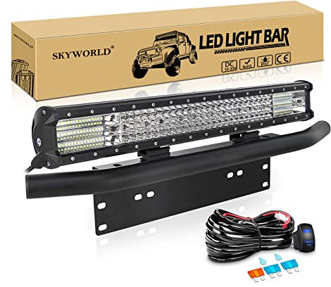 SKYWORLD LED-Lichtleiste, 59 cm 570W Spot-Flut-Kombistrahl, Arbeitslampe mit schwarzer Kennzeichenhalterung, 12 V Kabelbaum-Set Wippschalter für LKW Auto ATV SUV 4X4