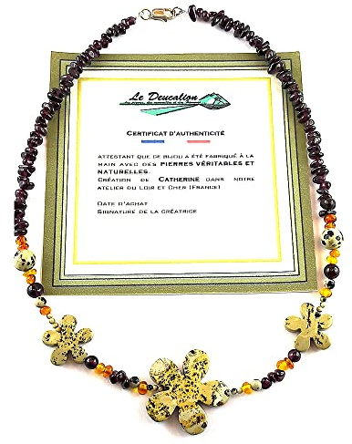 LE DEUCALION Collier en pierres naturelles de grenat, ambre et fleurs de jaspes sculptées. fermoir en argent 925 (45)